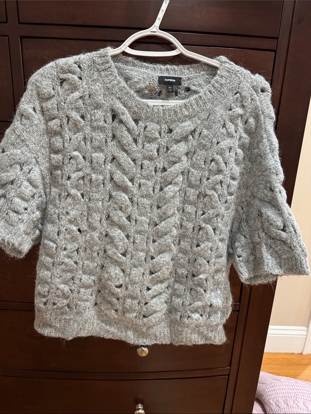 Express Gray Cable Knit Short Sleeve Crew Sweater